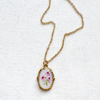 Purple Coneflower Botanical Illustration Pendant Necklace | Gold