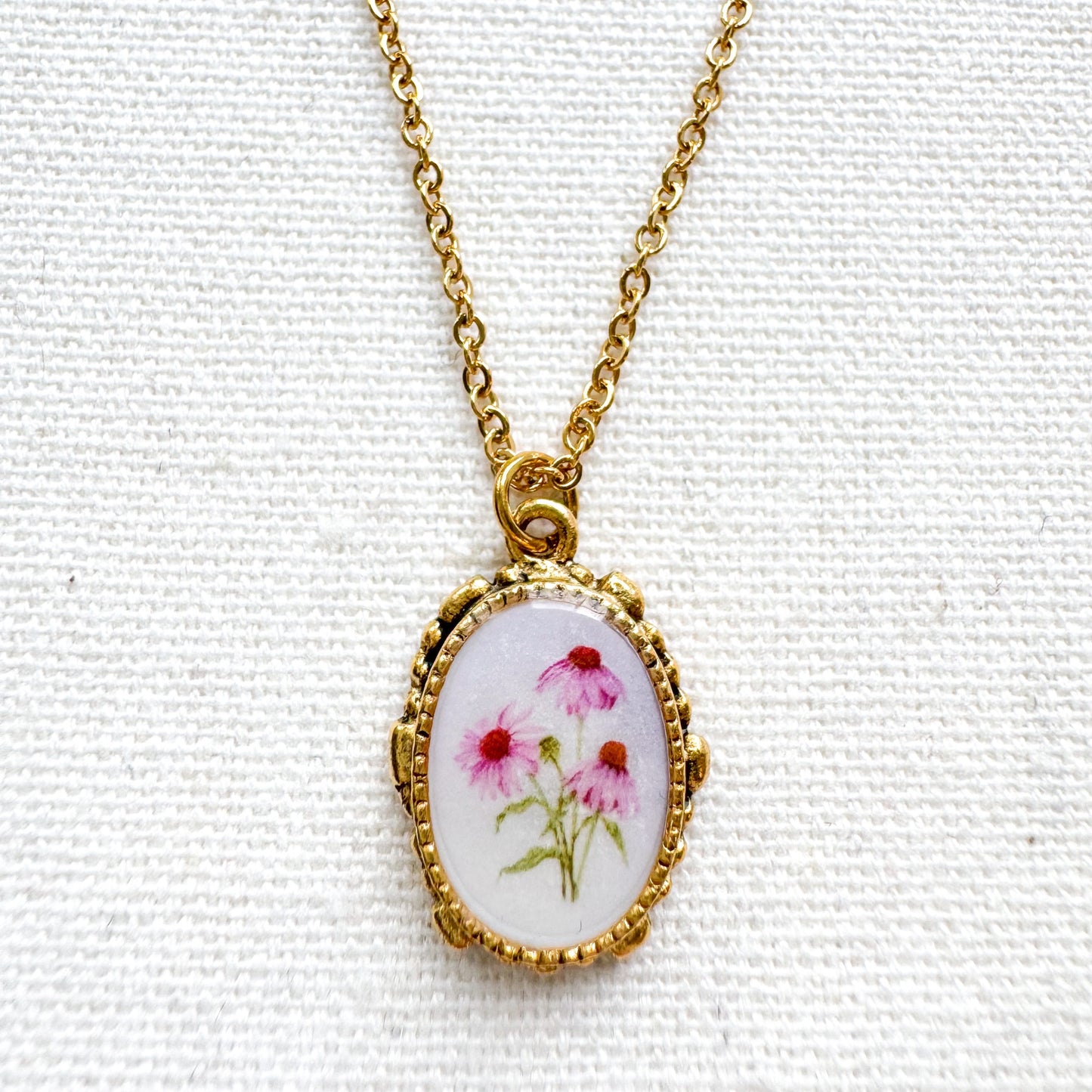 Purple Coneflower Botanical Illustration Pendant Necklace | Gold