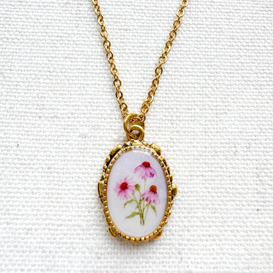 Purple Coneflower Botanical Illustration Pendant Necklace | Gold