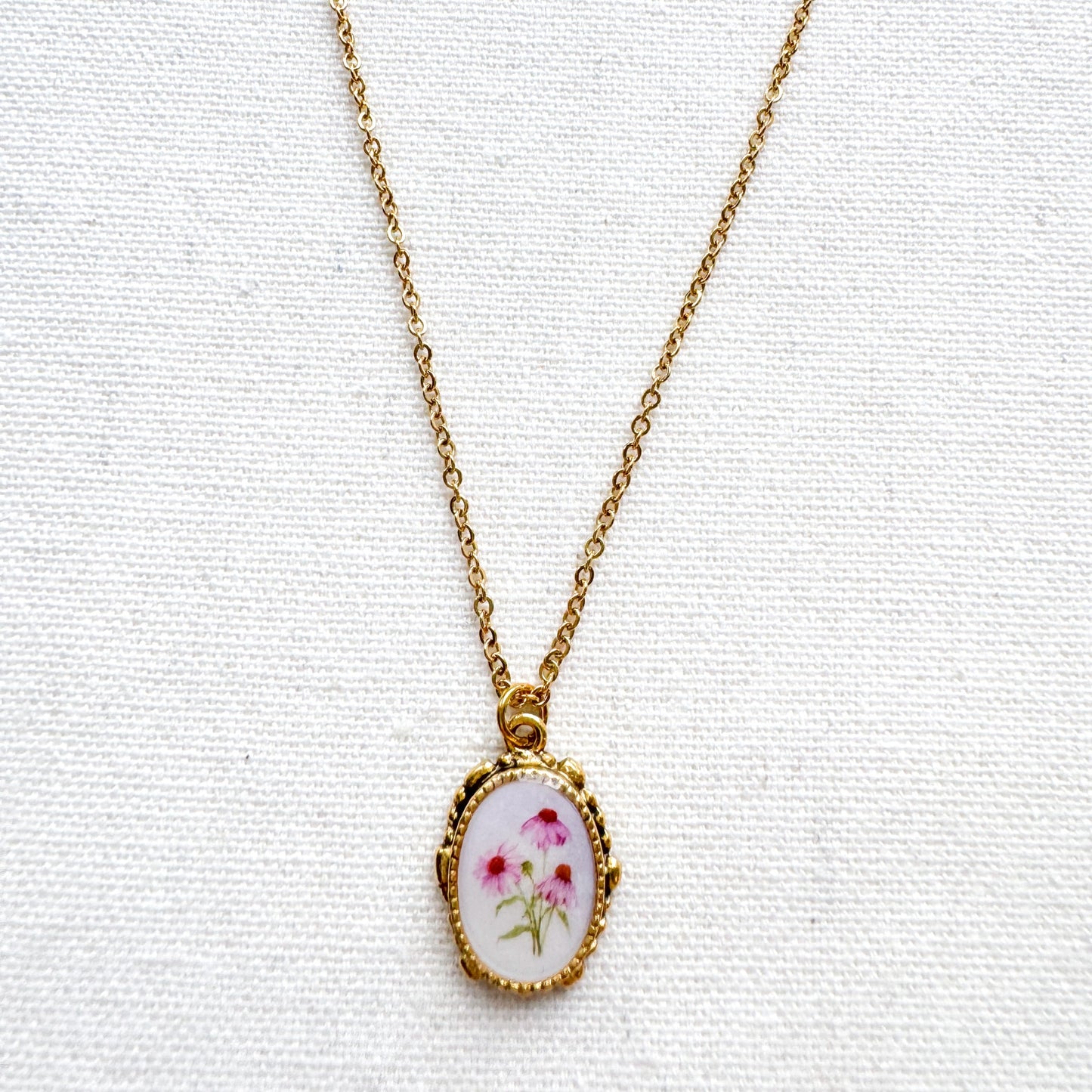 Purple Coneflower Botanical Illustration Pendant Necklace | Gold