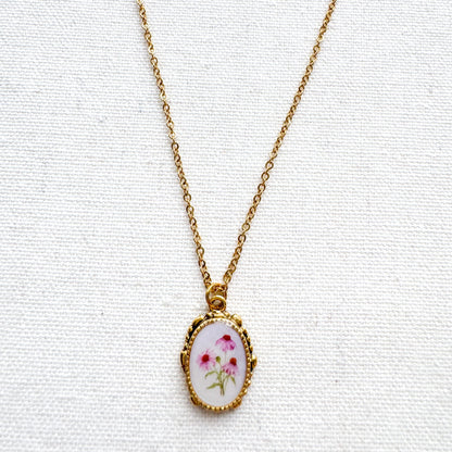 Purple Coneflower Botanical Illustration Pendant Necklace | Gold