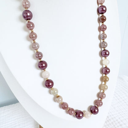 Glass Pearl and Sunstone Gemstone Necklace | Gold
