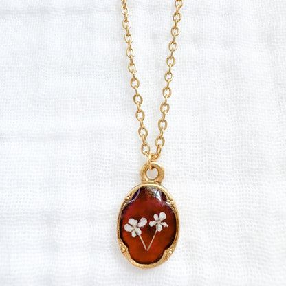 Amber Mini Ornate Pressed Flower Necklace | Reddish-brown, Gold