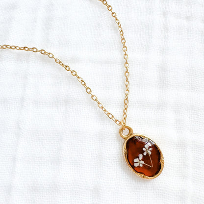 Amber Mini Ornate Pressed Flower Necklace | Reddish-brown, Gold
