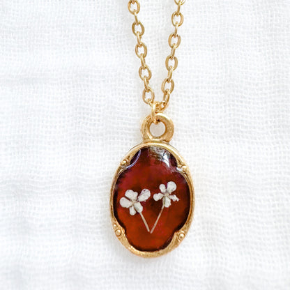 Amber Mini Ornate Pressed Flower Necklace | Reddish-brown, Gold