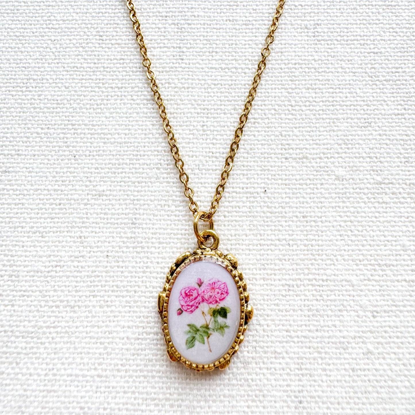Rose Botanical Illustration Pendant Necklace | Gold