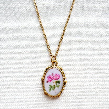 Rose Botanical Illustration Pendant Necklace | Gold