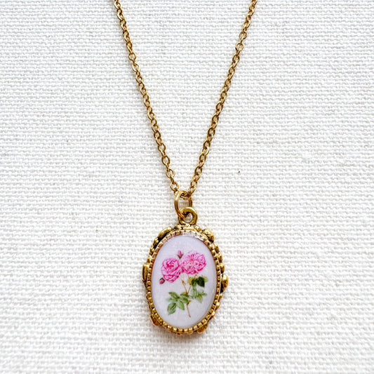 Rose Botanical Illustration Pendant Necklace | Gold
