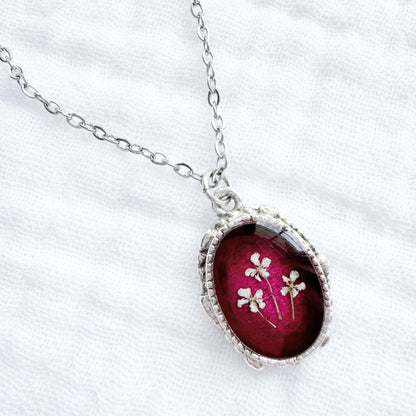 Ruby Ornate Pressed Flower Necklace | July Birthstone, Silver