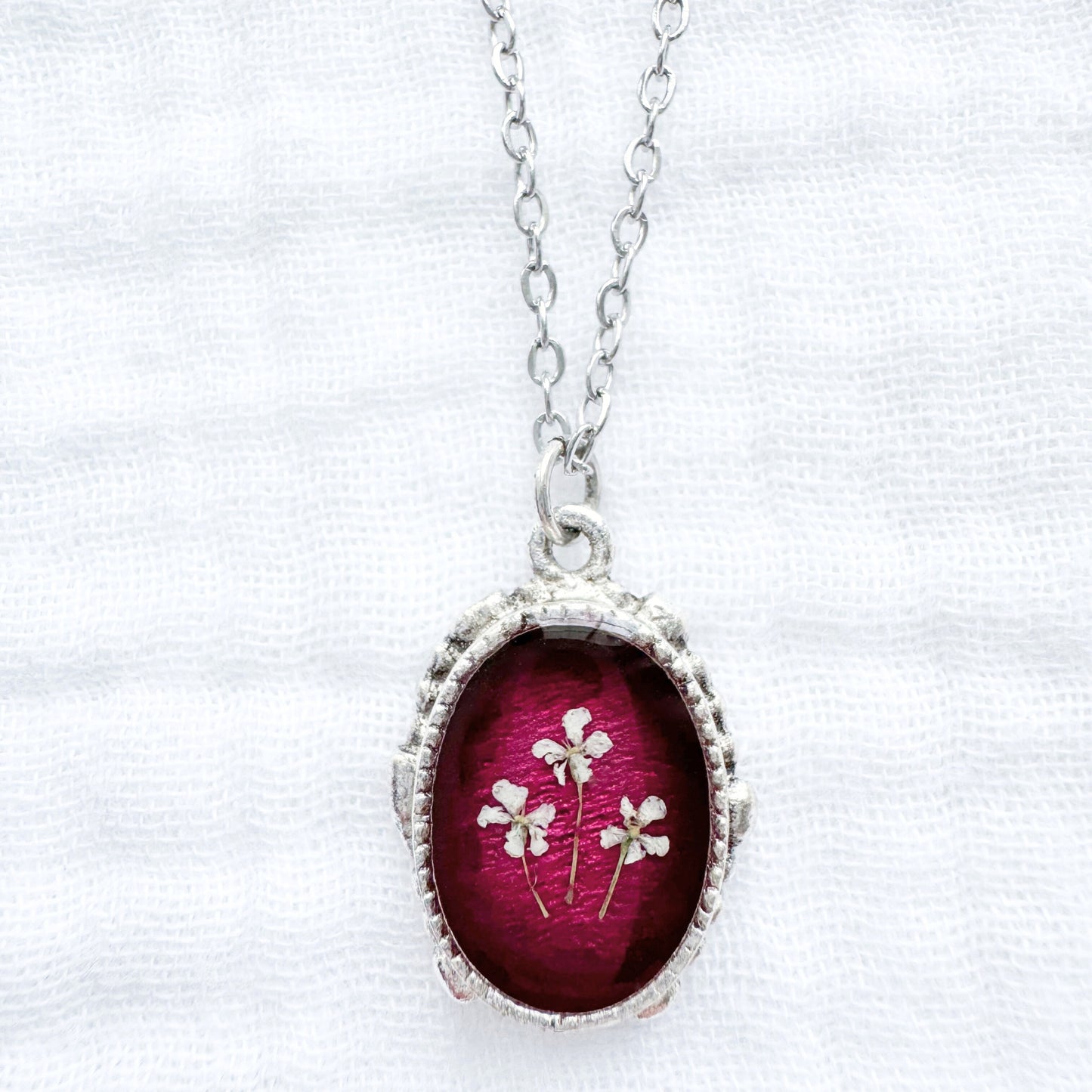 Ruby Ornate Pressed Flower Necklace | July Birthstone, Silver