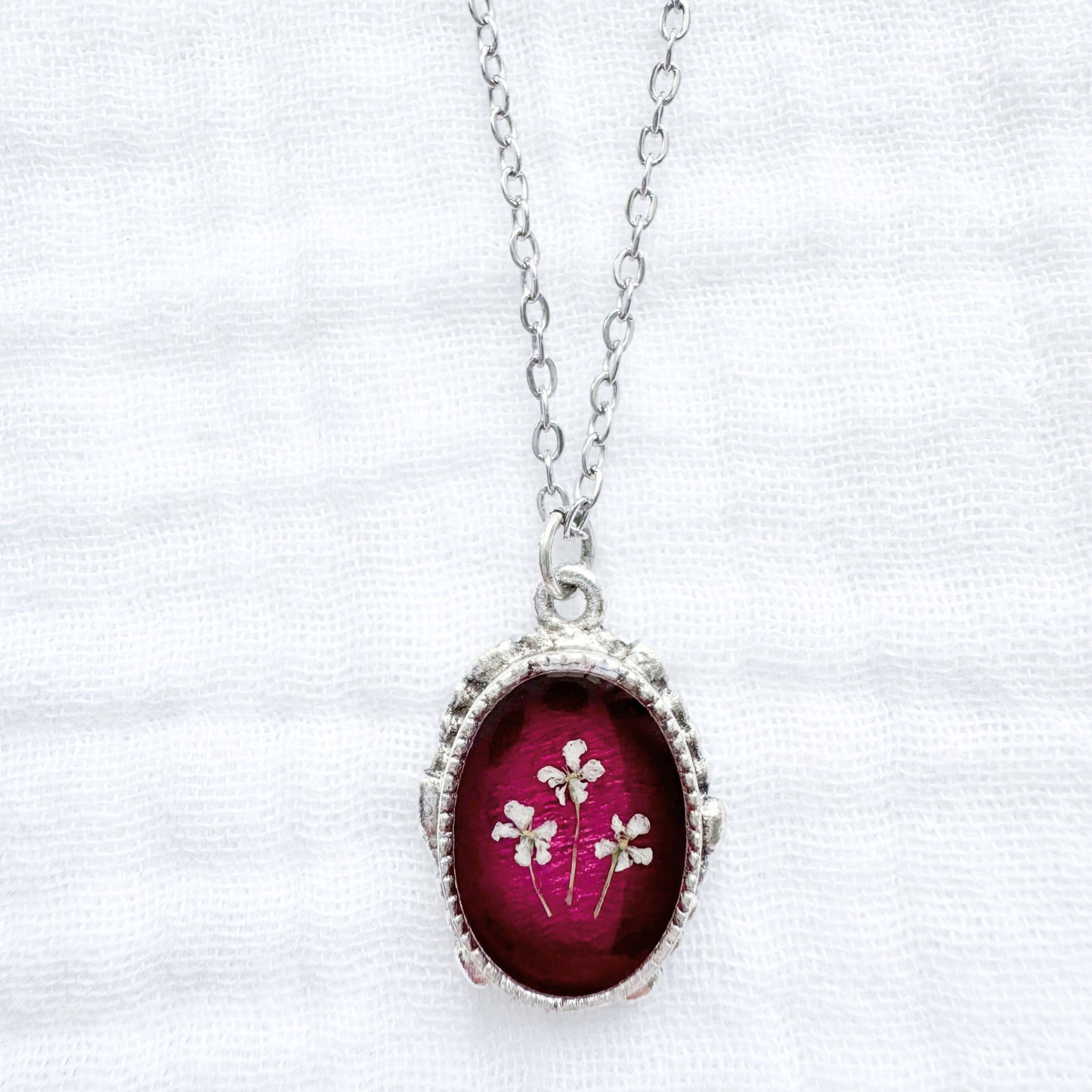 Ruby Ornate Pressed Flower Necklace | July Birthstone, Silver