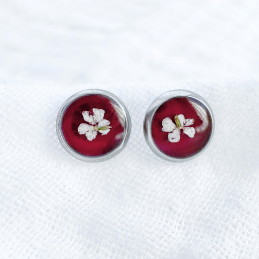 Ruby Pressed Flower Earrings | July Birthstone, Silver