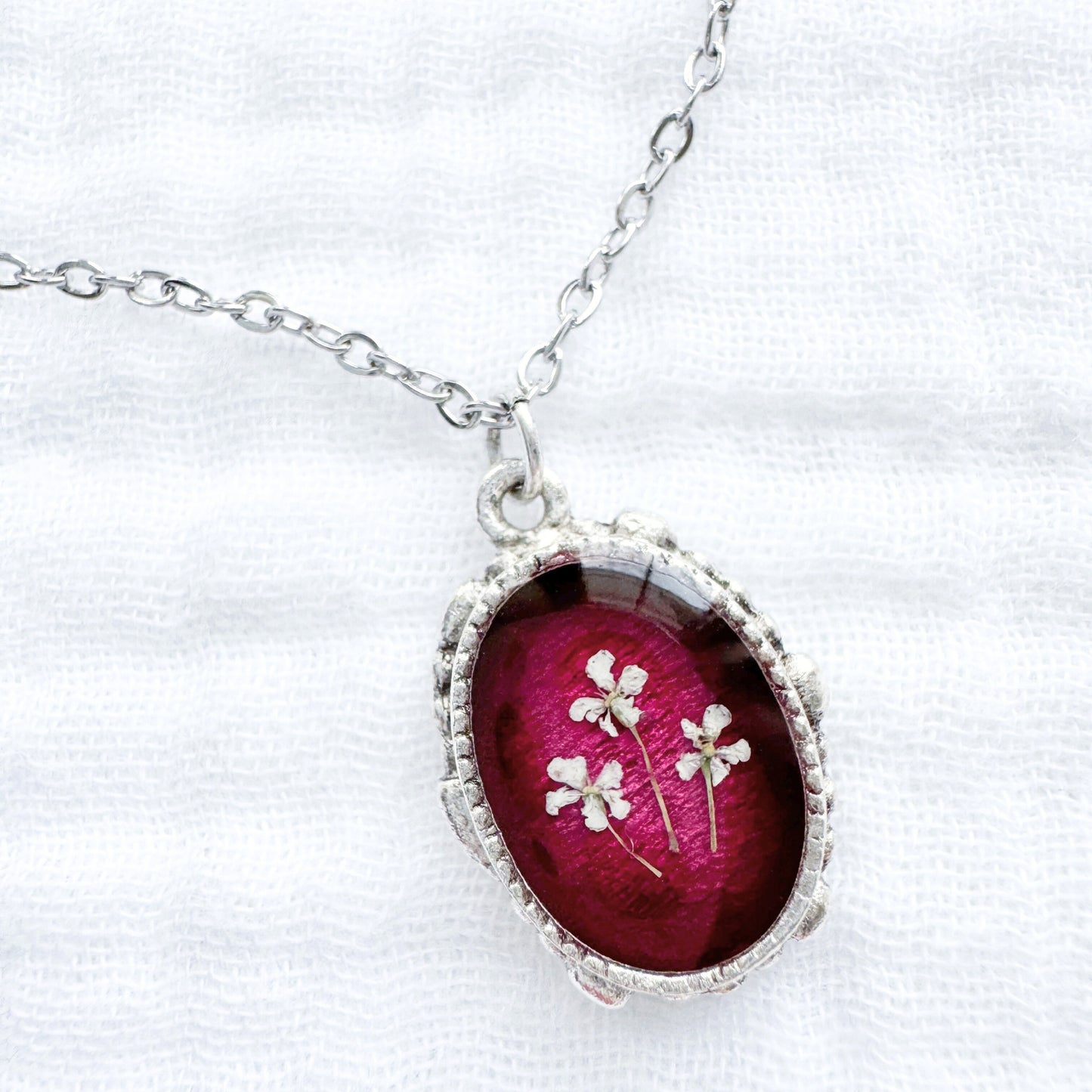 Ruby Ornate Pressed Flower Necklace | July Birthstone, Silver