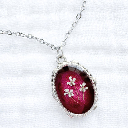 Ruby Ornate Pressed Flower Necklace | July Birthstone, Silver