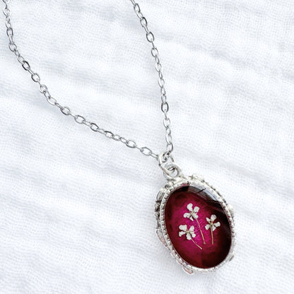 Ruby Ornate Pressed Flower Necklace | July Birthstone, Silver