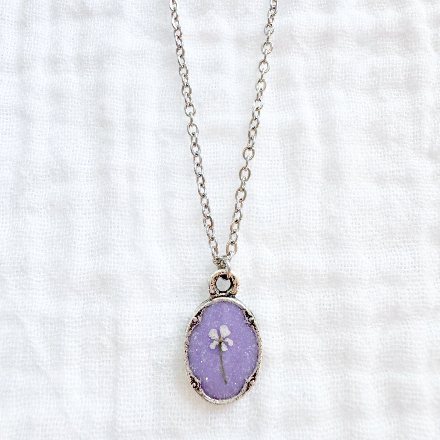 *Custom* Emily Mini Ornate Pressed Flower Necklace | Silver