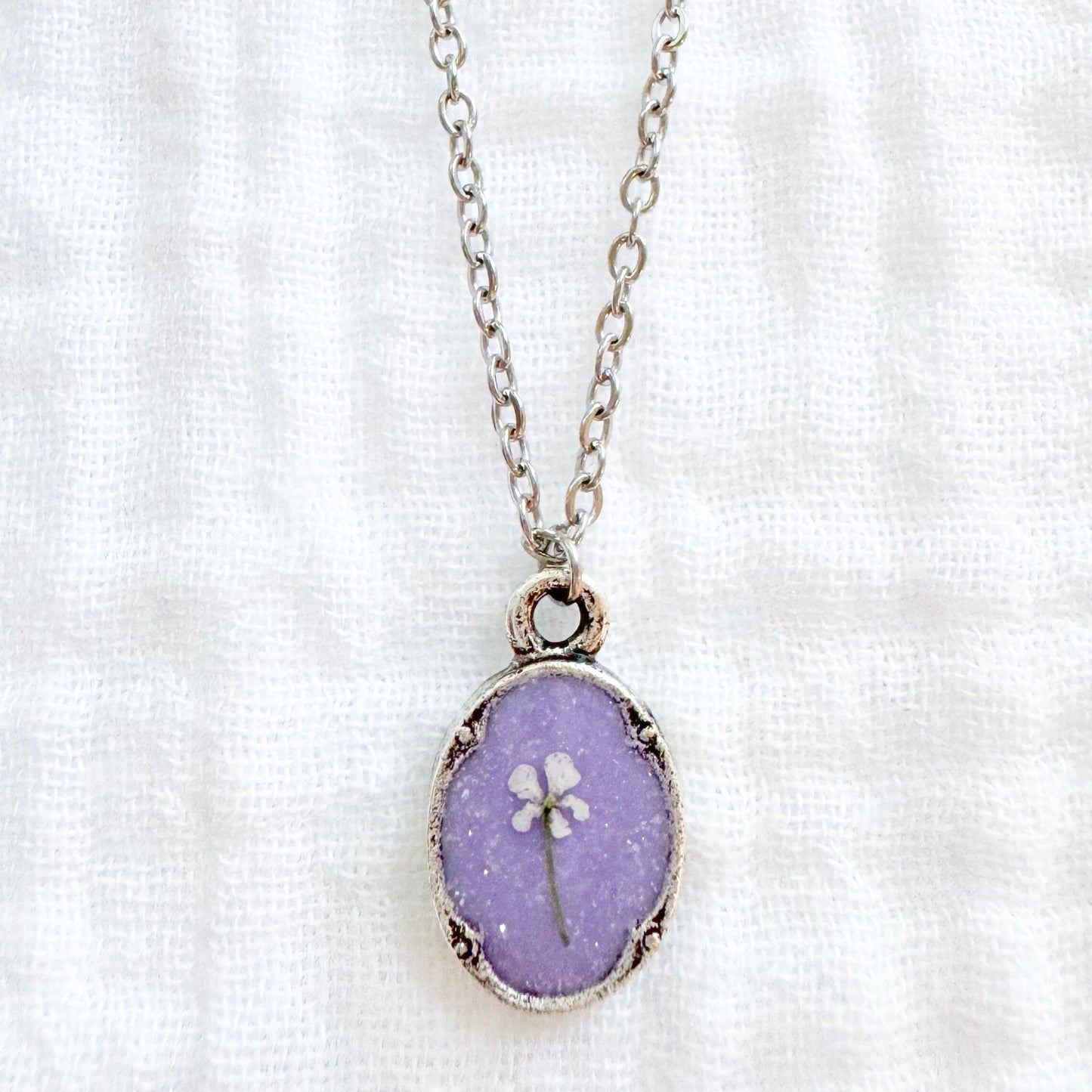 *Custom* Emily Mini Ornate Pressed Flower Necklace | Silver