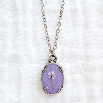 *Custom* Emily Mini Ornate Pressed Flower Necklace | Silver