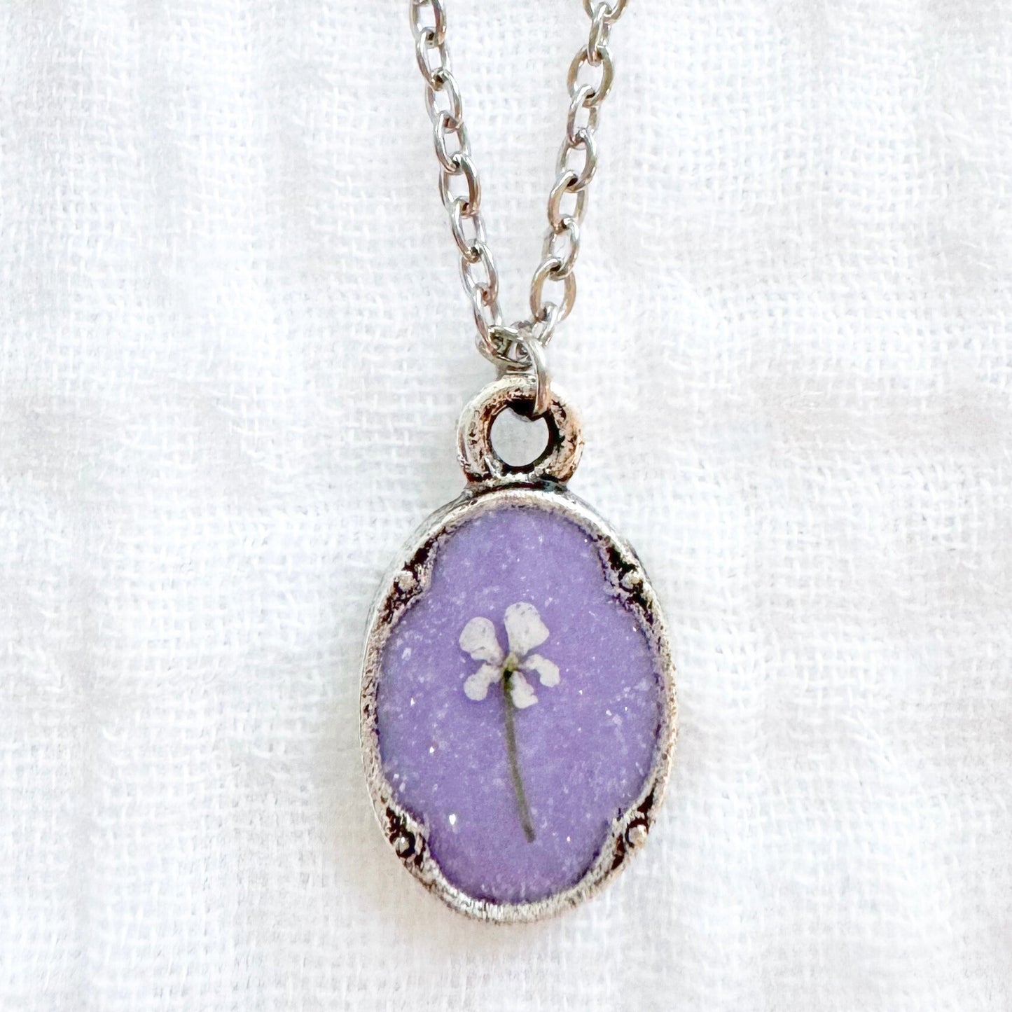 *Custom* Emily Mini Ornate Pressed Flower Necklace | Silver