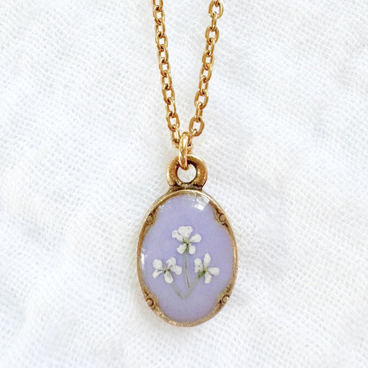 Violet Mini Ornate Pressed Flower Necklace | Gold