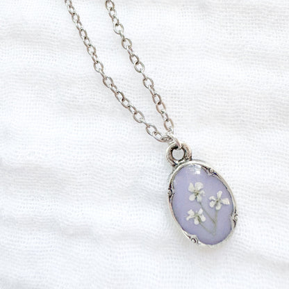 Violet Mini Ornate Pressed Flower Necklace | Silver