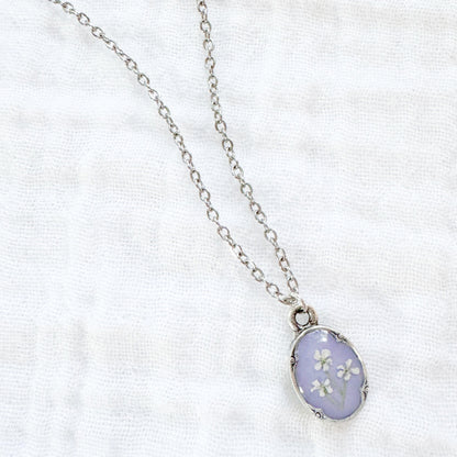 Violet Mini Ornate Pressed Flower Necklace | Silver
