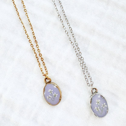 Violet Mini Ornate Pressed Flower Necklace | Silver