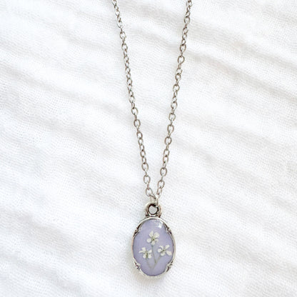 Violet Mini Ornate Pressed Flower Necklace | Silver