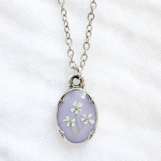 Violet Mini Ornate Pressed Flower Necklace | Silver