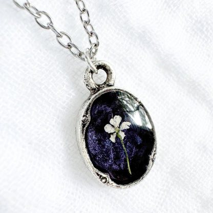 Wednesday and Enid Mini Ornate Pressed Flower Necklaces | Silver and Gold Set