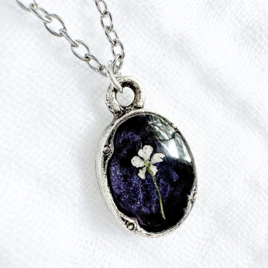 *Custom* Audrey Mini Ornate Pressed Flower Necklace | Silver