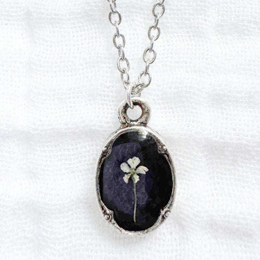 Wednesday Mini Ornate Pressed Flower Necklace | Silver