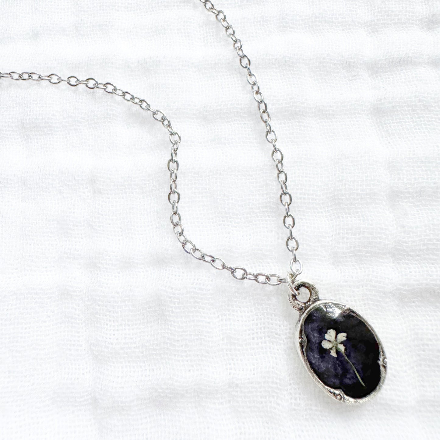 *Custom* Audrey Mini Ornate Pressed Flower Necklace | Silver