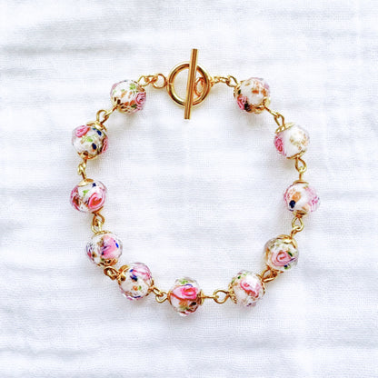 Gilded White Floral Lampwork Bracelet | Gold