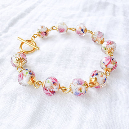 Gilded White Floral Lampwork Bracelet | Gold