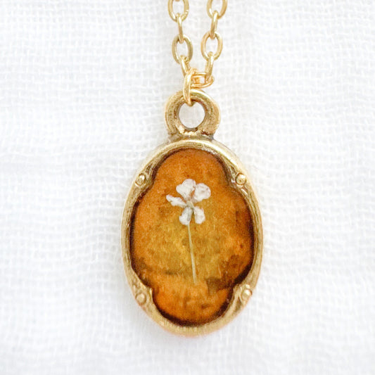 Citrine Mini Ornate Pressed Flower Necklace | November Birthstone, Gold